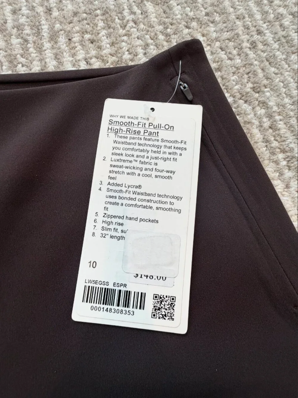Lululemon Smooth Fit Pull-On High-Rise Pant Espresso Size 10 NWT Luxtreme